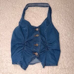 Denim Halter Button Front Crop Top - Blue